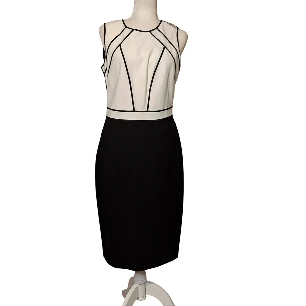 White House Black Market Sheath Dress Women 8 Black Ecru Piped Graphic Sleeveles